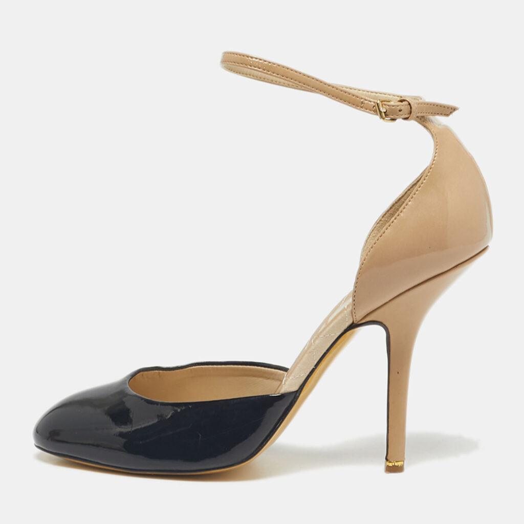 Stella McCartney Black/Beige Patent Leather D'orsay Ankle Strap Pumps Size 38 Stella McCartney Black/Beige Patent Leather D'orsay Ankle Strap Pumps Size 38