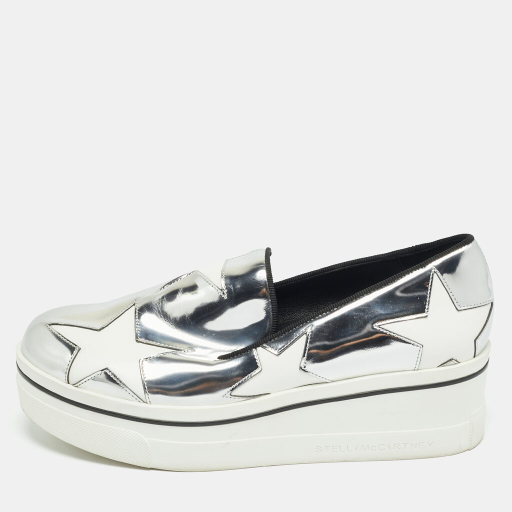 Stella McCartney Silver/White Faux Leather Binx Slip On Sneakers Size 36 Stella McCartney Silver/White Faux Leather Binx Slip On Sneakers Size 36