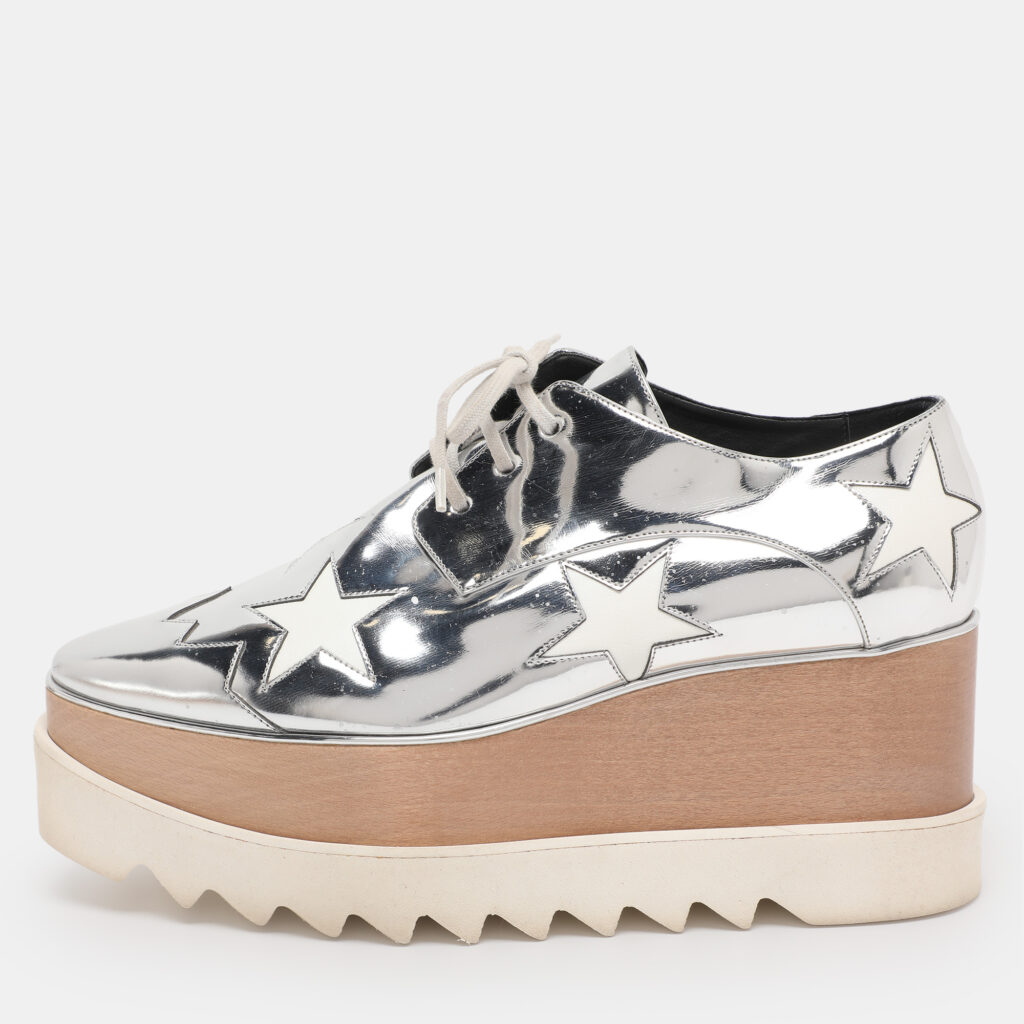 Stella McCartney Metallic Silver Faux Leather Elyse Star Platform Derby Size 40 Stella McCartney Metallic Silver Faux Leather Elyse Star Platform Derby Size 40