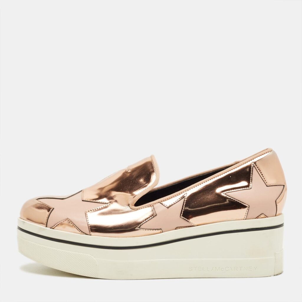 Stella McCartney Metallic Rose Gold Faux Leather Binx Slip On Sneakers Size 35