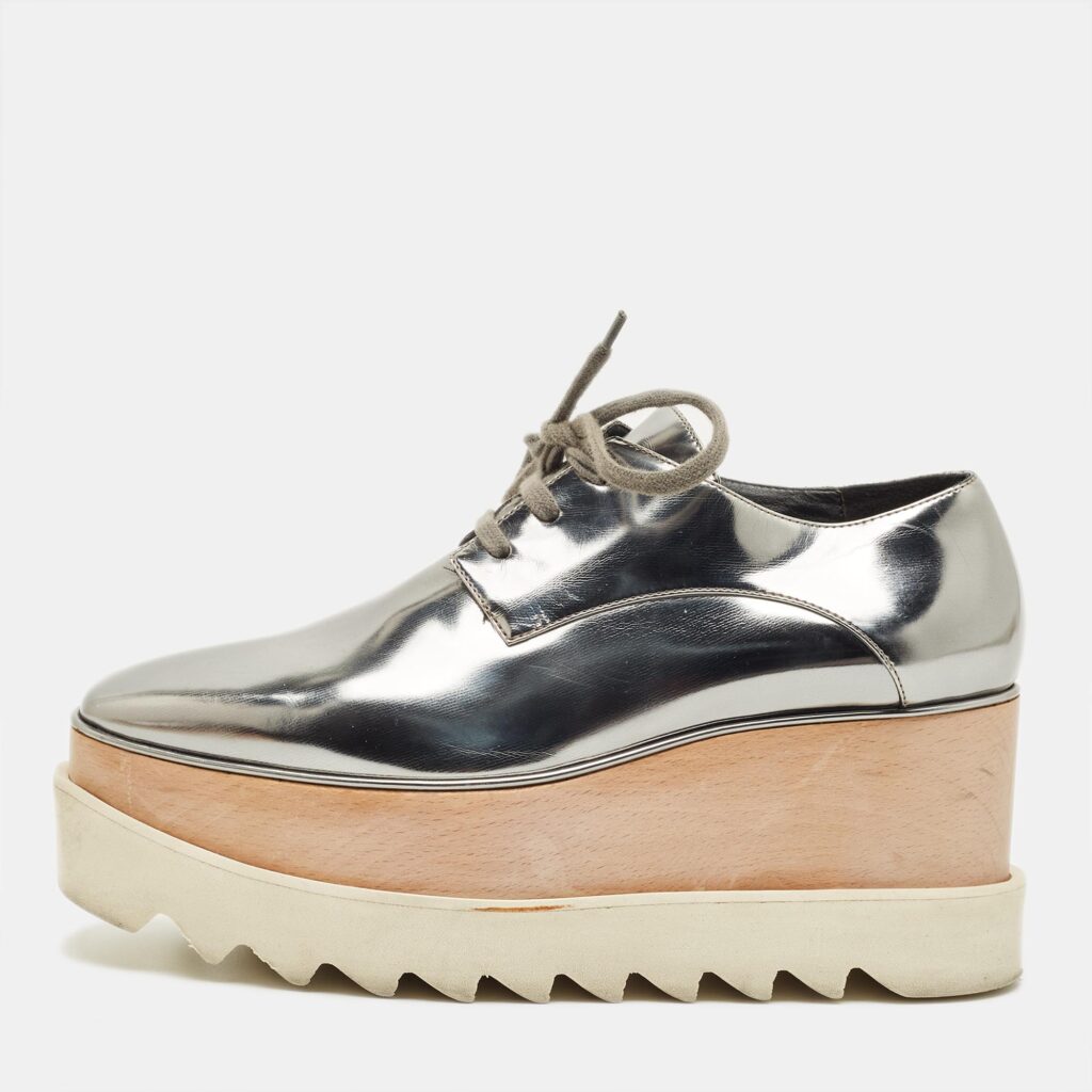Stella McCartney Elyse Size 35.5 Metallic Grey Faux Leather Platform Derby Sneakers Stella McCartney Elyse Size 35.5 Metallic Grey Faux Leather Platform Derby Sneakers