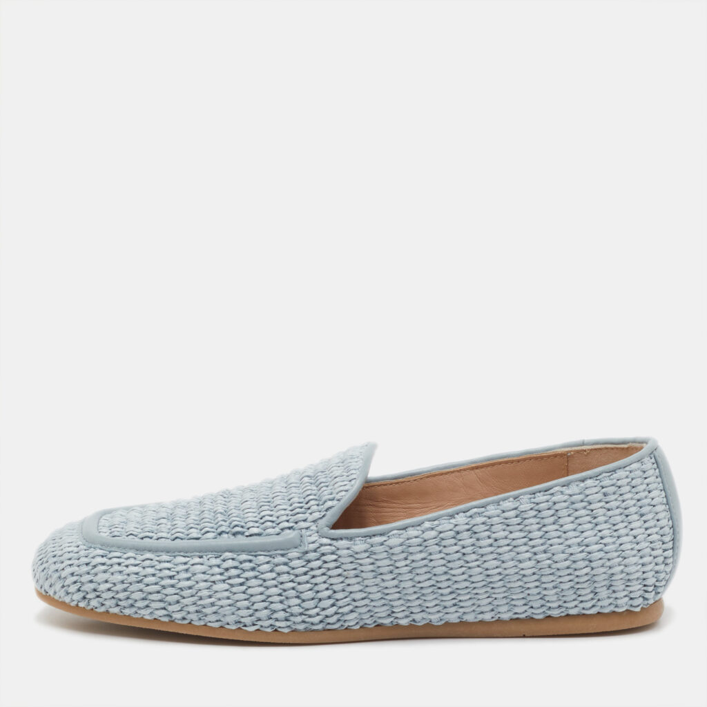Stuart Weitzman Blue Raffia and Leather Smoking Slippers Size 37