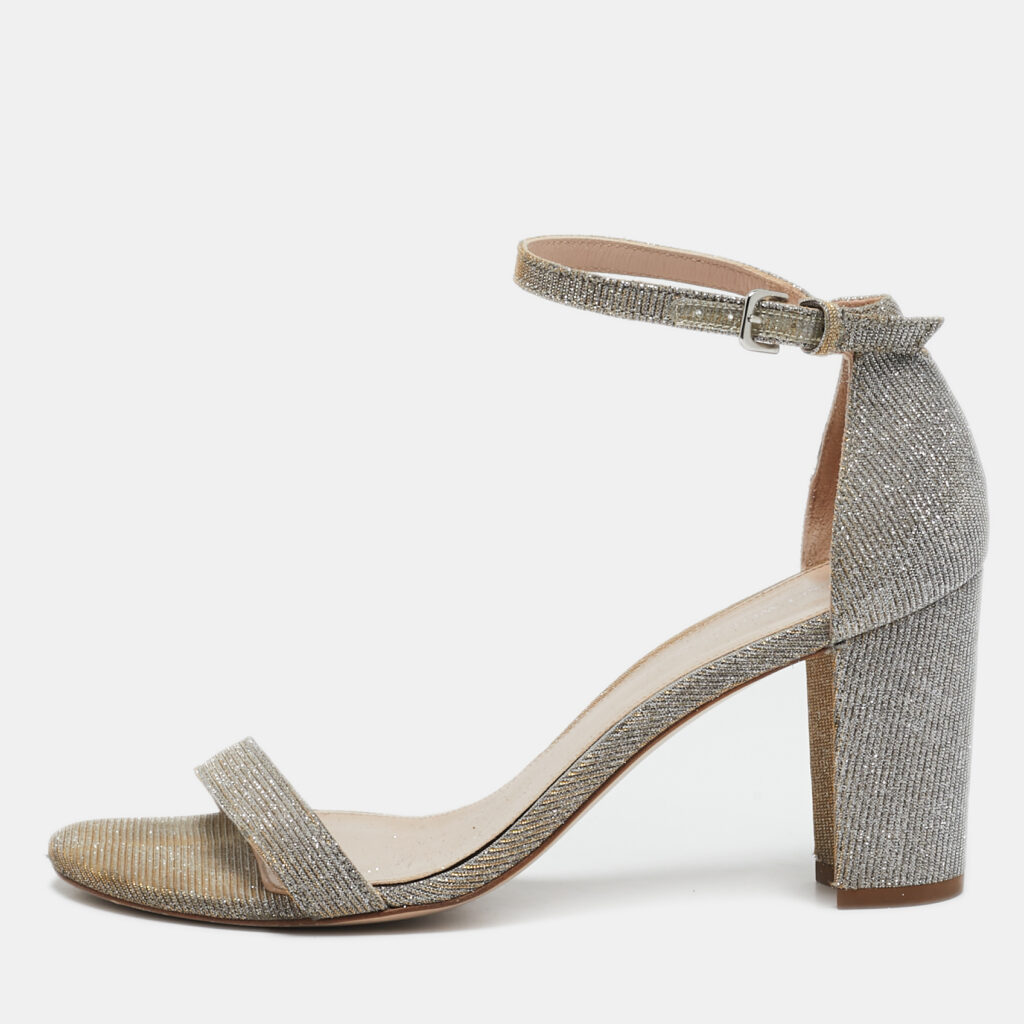 Stuart Weitzman Grey Lurex Fabric Ankle Strap Sandals Size 38.5