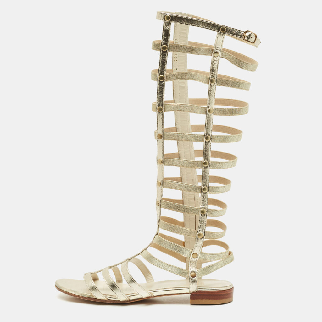 Stuart Weitzman Metallic Gold Leather And Elastic Gladiator Flat Sandals Size 37 Stuart Weitzman Metallic Gold Leather And Elastic Gladiator Flat Sandals Size 37