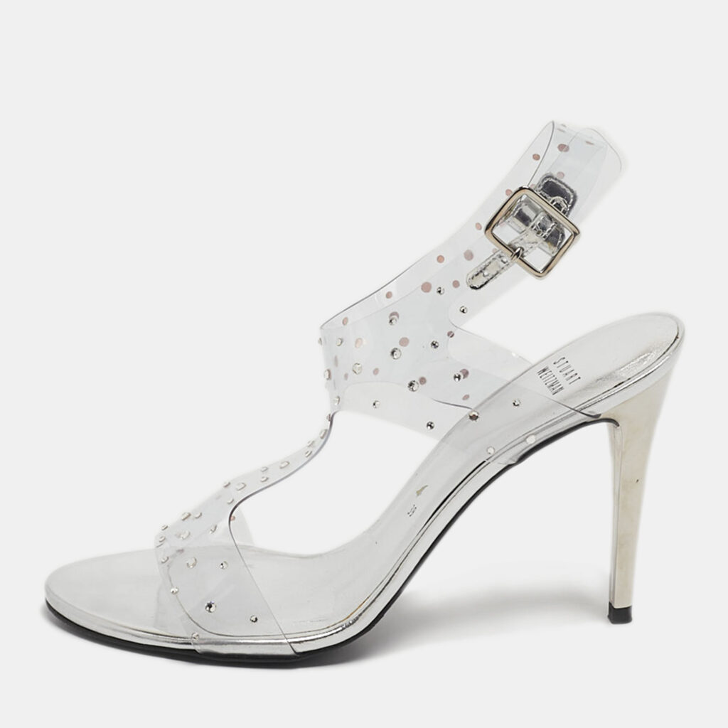 Stuart Weitzman Silver PVC Crystals Embellished T Strap Sandals Size 39 Stuart Weitzman Silver PVC Crystals Embellished T Strap Sandals Size 39