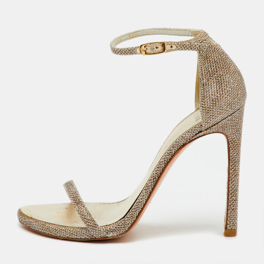 Stuart Weitzman Gold Metallic Lurex Fabric Nudist Ankle Strap Sandals Size 36.5 Stuart Weitzman Gold Metallic Lurex Fabric Nudist Ankle Strap Sandals Size 36.5