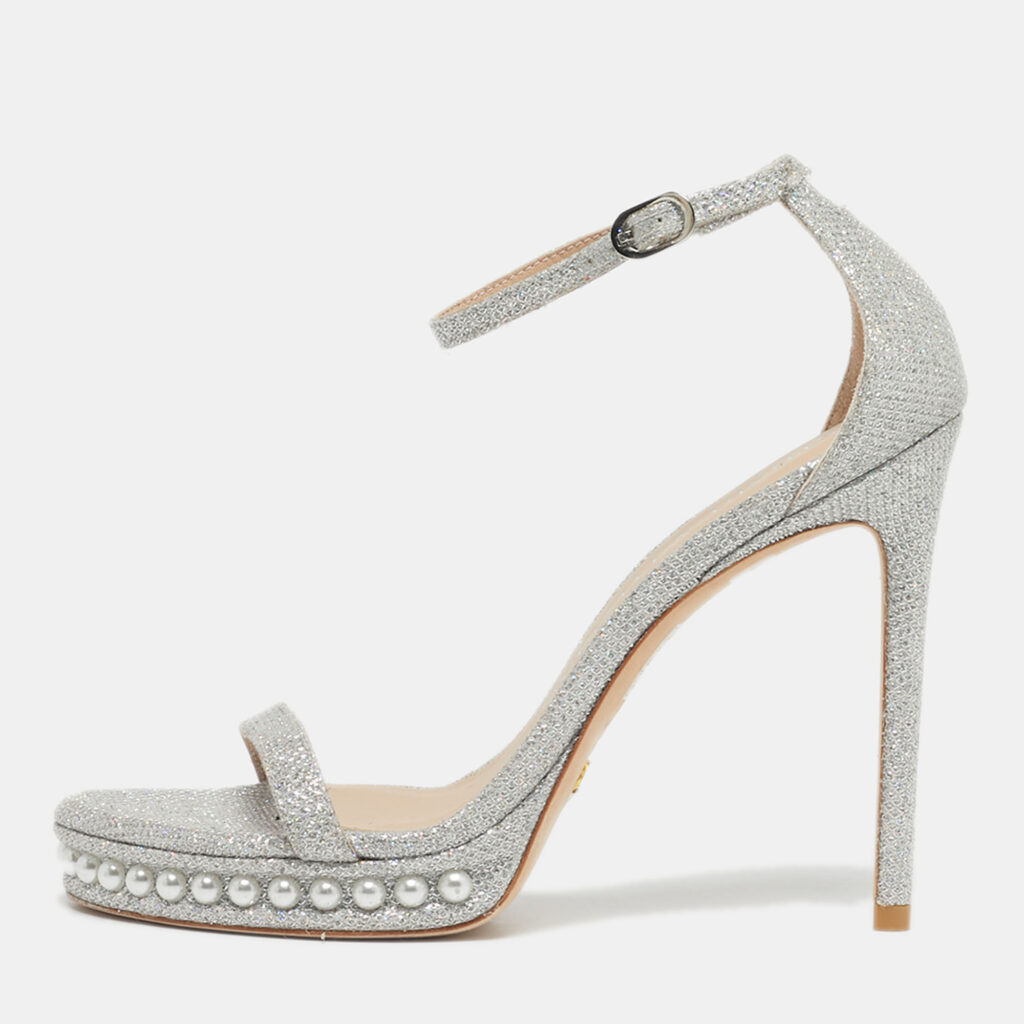 Stuart Weitzman Silver Glitter Nudist Ankle Strap Sandals Size 38