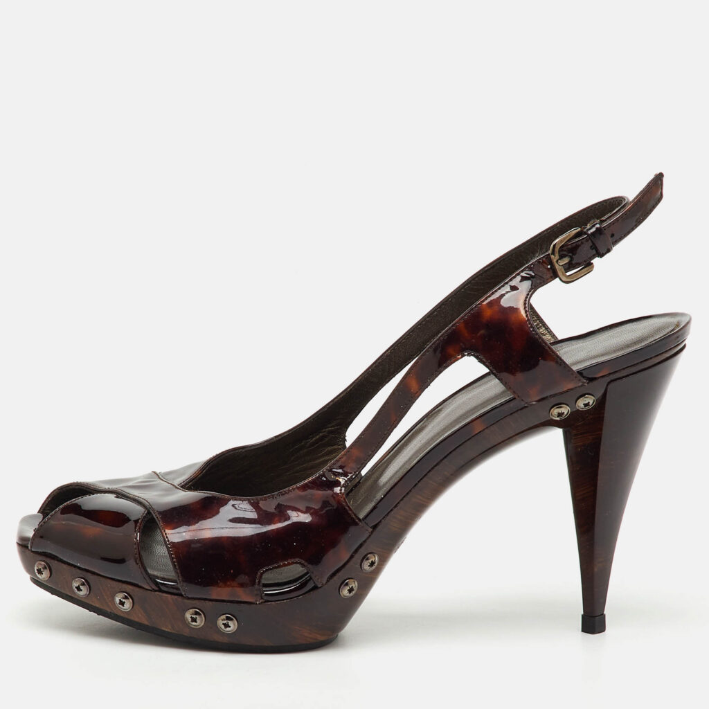 Stuart Weitzman Brown Tortoise Shell Patent Leather Slingback Platform Sandals Size 39.5 Stuart Weitzman Brown Tortoise Shell Patent Leather Slingback Platform Sandals Size 39.5