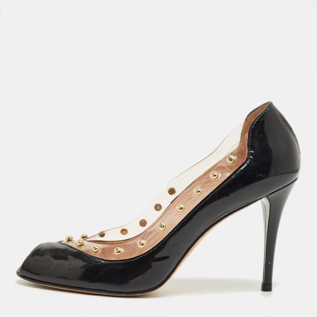 Stuart Weitzman Black/Transparent Patent Leather And PVC Peep Toe Pumps Size 40 Stuart Weitzman Black/Transparent Patent Leather And PVC Peep Toe Pumps Size 40