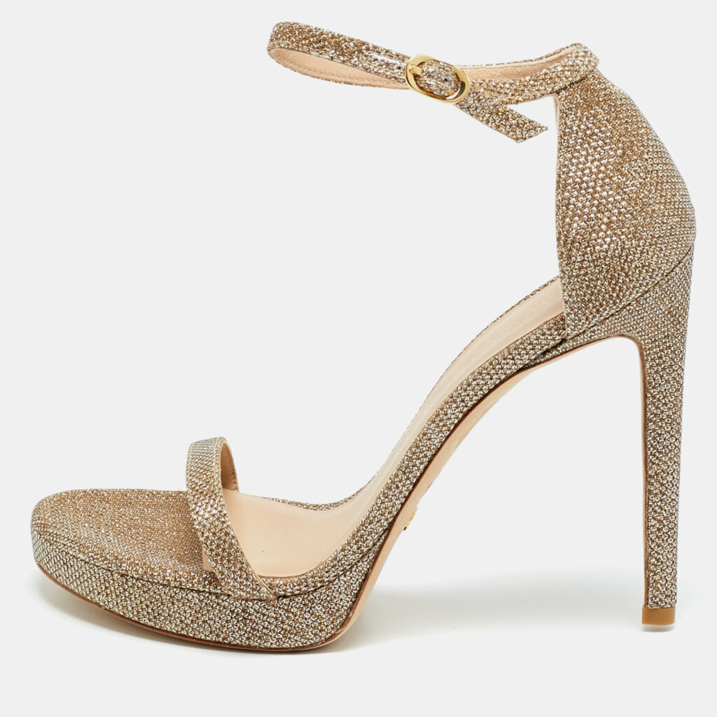 Stuart Weitzman Nudist Size 39.5 Gold Metallic Lurex Fabric Ankle Strap Sandals Stuart Weitzman Nudist Size 39.5 Gold Metallic Lurex Fabric Ankle Strap Sandals