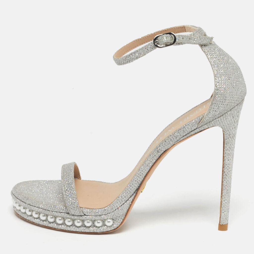 Stuart Weitzman Nudist Size 39.5 Silver Metallic Lurex Fabric Pearl Platform Ankle Strap Sandals