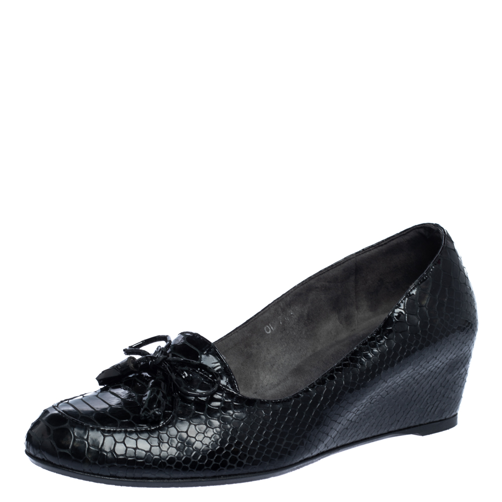 Stuart Weitzman Black Python Embossed Leather Wedge Bow Detail Loafer Pumps Size 38 Stuart Weitzman Black Python Embossed Leather Wedge Bow Detail Loafer Pumps Size 38