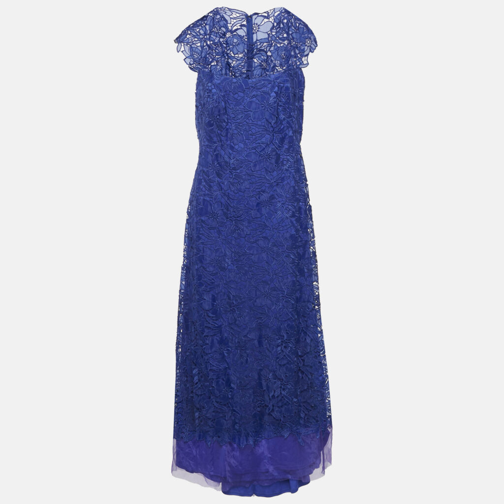 Tadashi Shoji Blue Floral Lace Cap Sleeve Milien Gown L Tadashi Shoji Blue Floral Lace Cap Sleeve Milien Gown L
