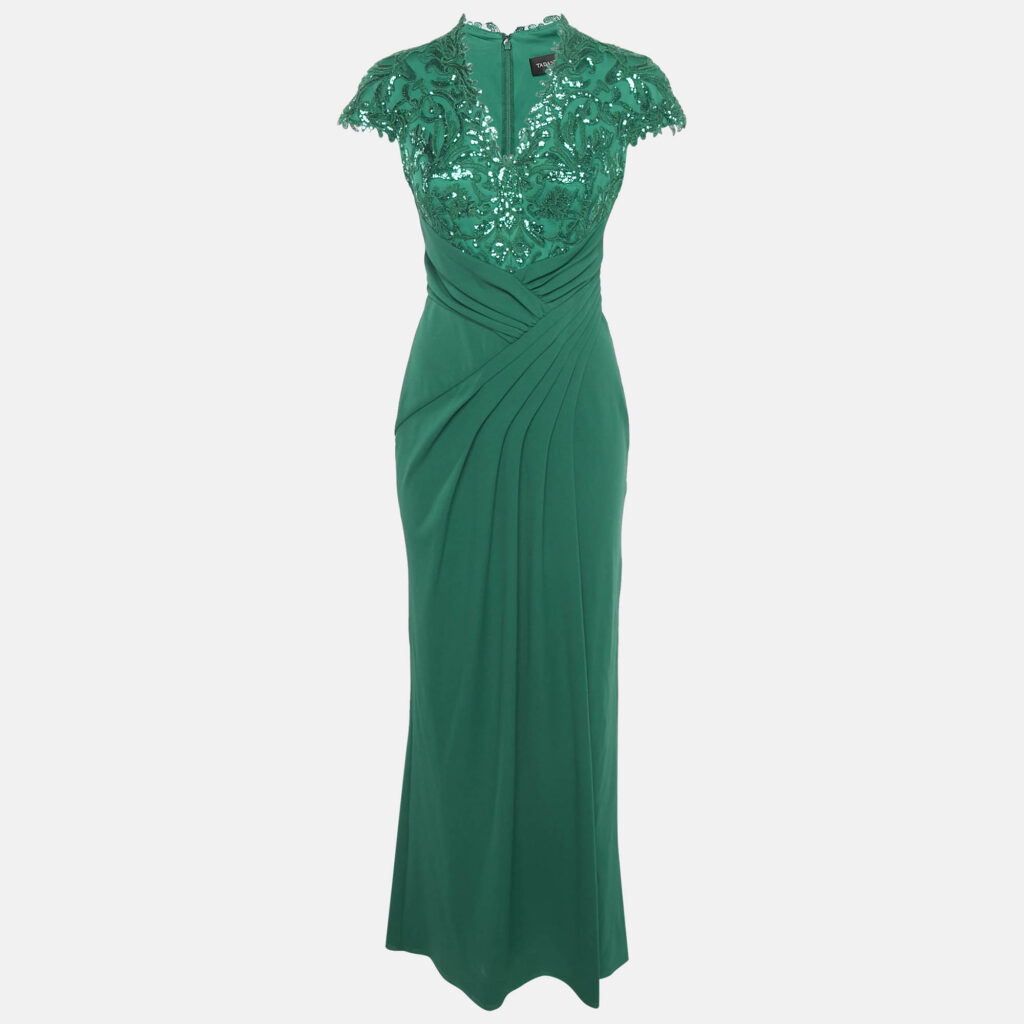 Tadashi Shoji Emerald Green Sequin Tulle and Jersey Gown S Tadashi Shoji Emerald Green Sequin Tulle and Jersey Gown S