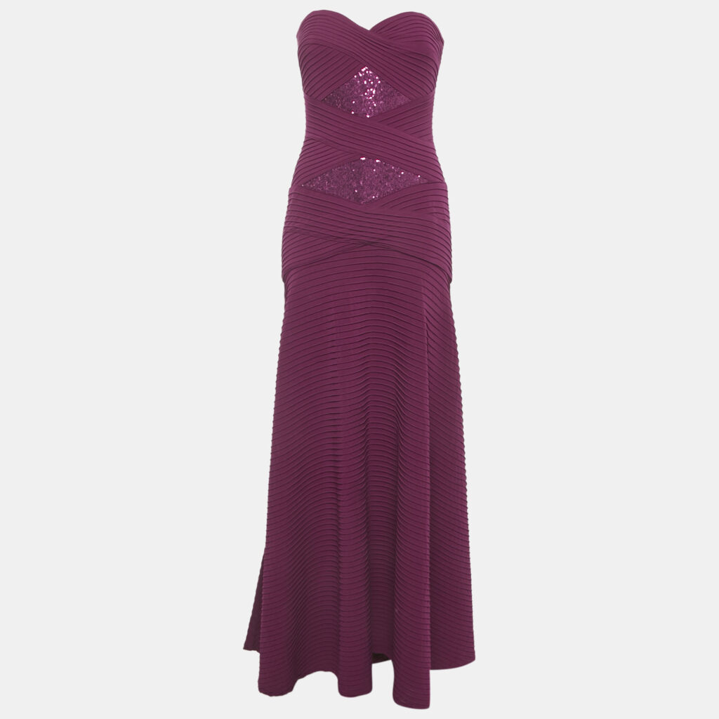 Tadashi Shoji Burgundy Sequin Embellished Jersey Strapless Gown XS