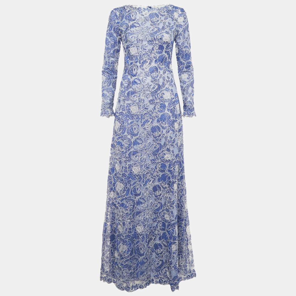 Tadashi Shoji Blue Embroidered Long Sleeve Maxi Dress S Tadashi Shoji Blue Embroidered Long Sleeve Maxi Dress S