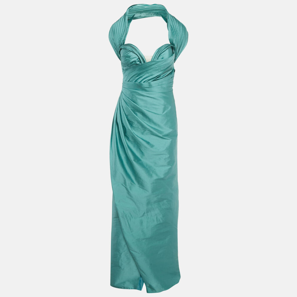 Tarik Ediz Mint Green Taffeta Off-Shoulder Draped Maria Elbise Maxi Dress L Tarik Ediz Mint Green Taffeta Off-Shoulder Draped Maria Elbise Maxi Dress L