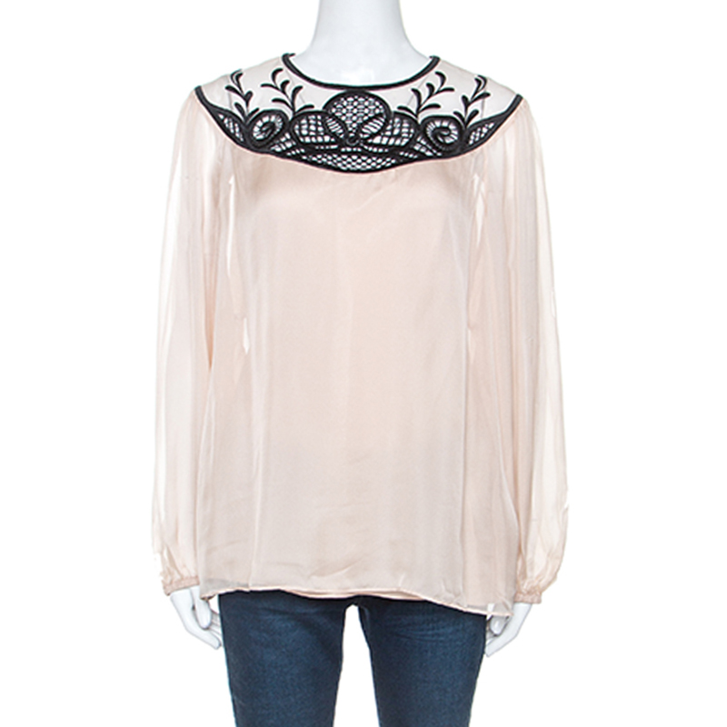 Temperley Pale Pink Chiffon Contrast Embroidery Detail Blouse L Temperley Pale Pink Chiffon Contrast Embroidery Detail Blouse L