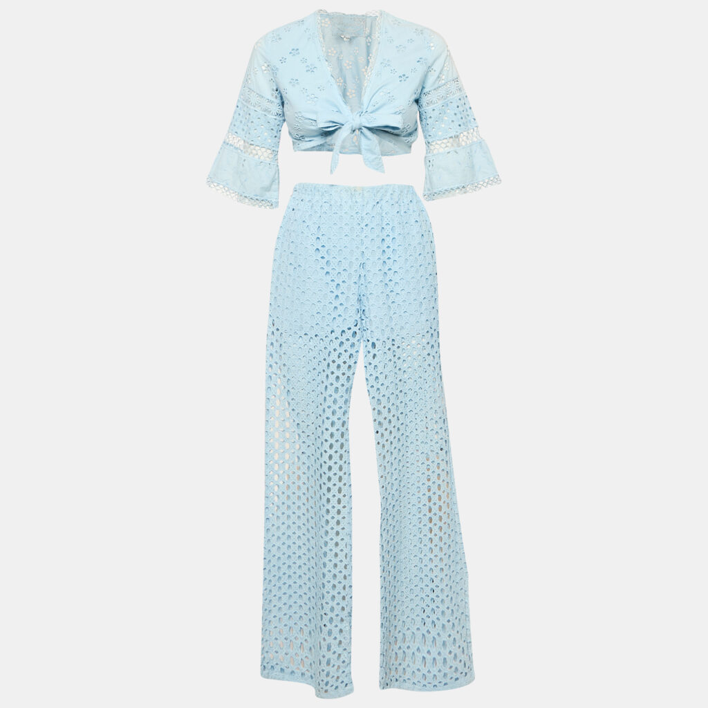 Temptation Positano Blue Broderie Anglaise Wrap top and Pants Set XS Temptation Positano Blue Broderie Anglaise Wrap top and Pants Set XS