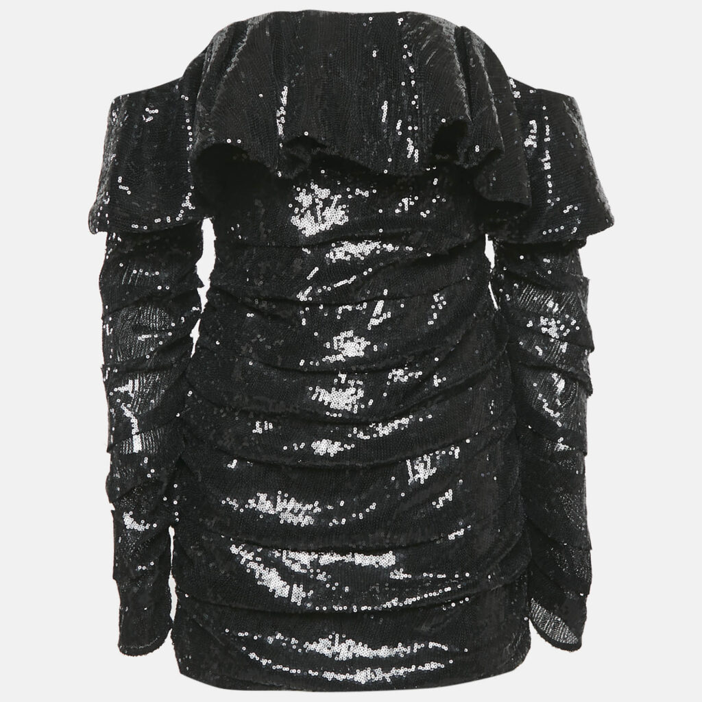 The Attico Black Sequin Ruffled Mini Dress S
