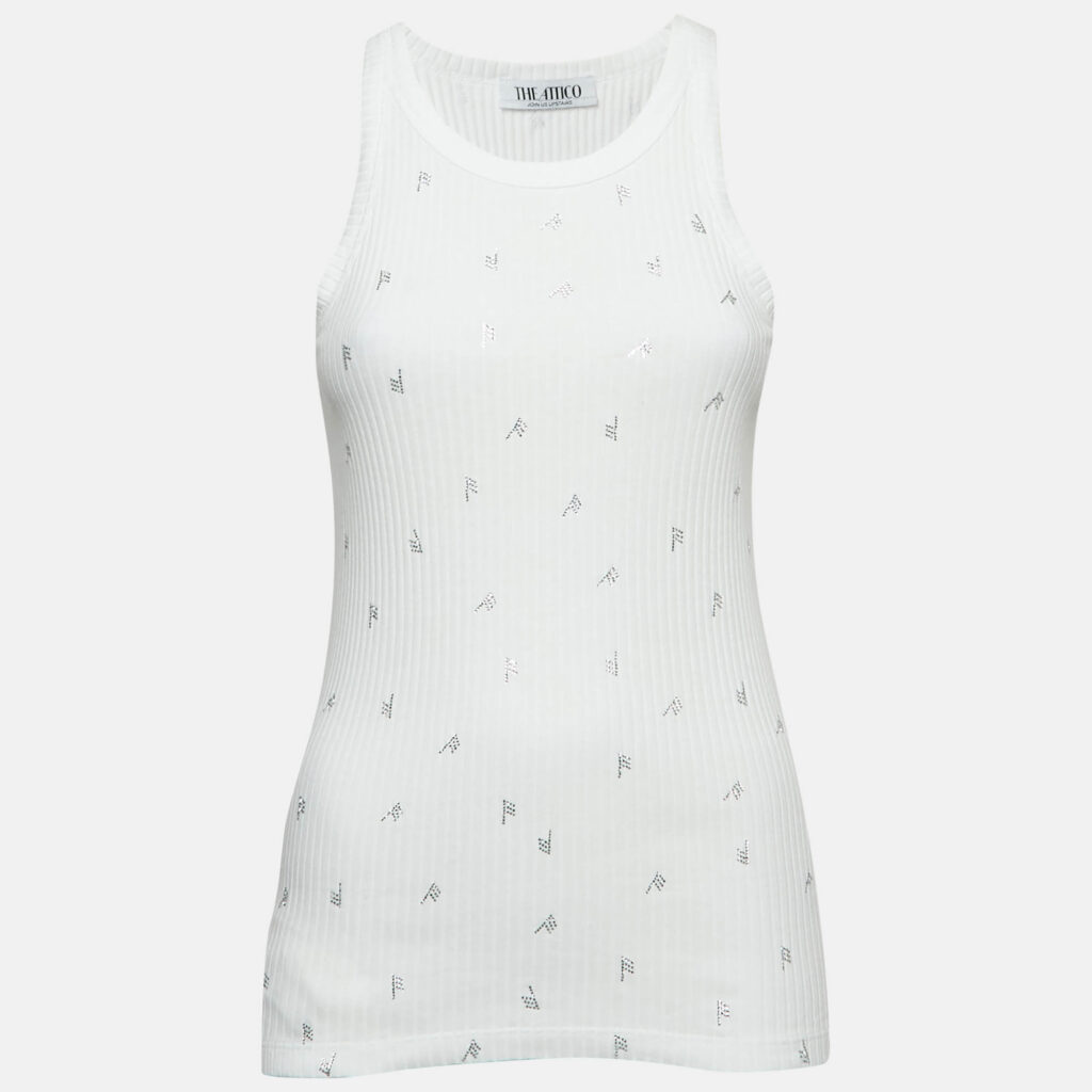 The Attico White F Rhinestone Rib Knit Tank Top M The Attico White F Rhinestone Rib Knit Tank Top M