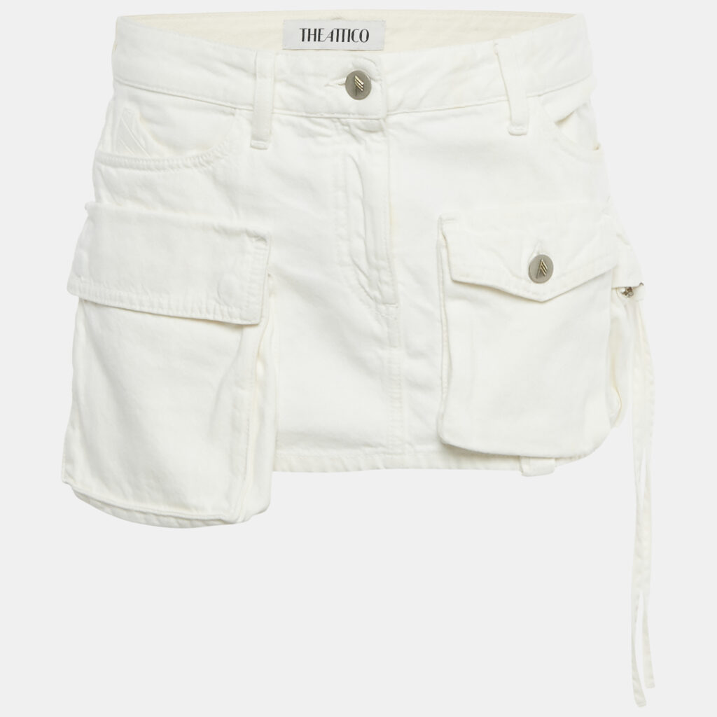 The Attico White Denim Low Waist Cargo Pocket Detail Mini Skirt S Waist 32"