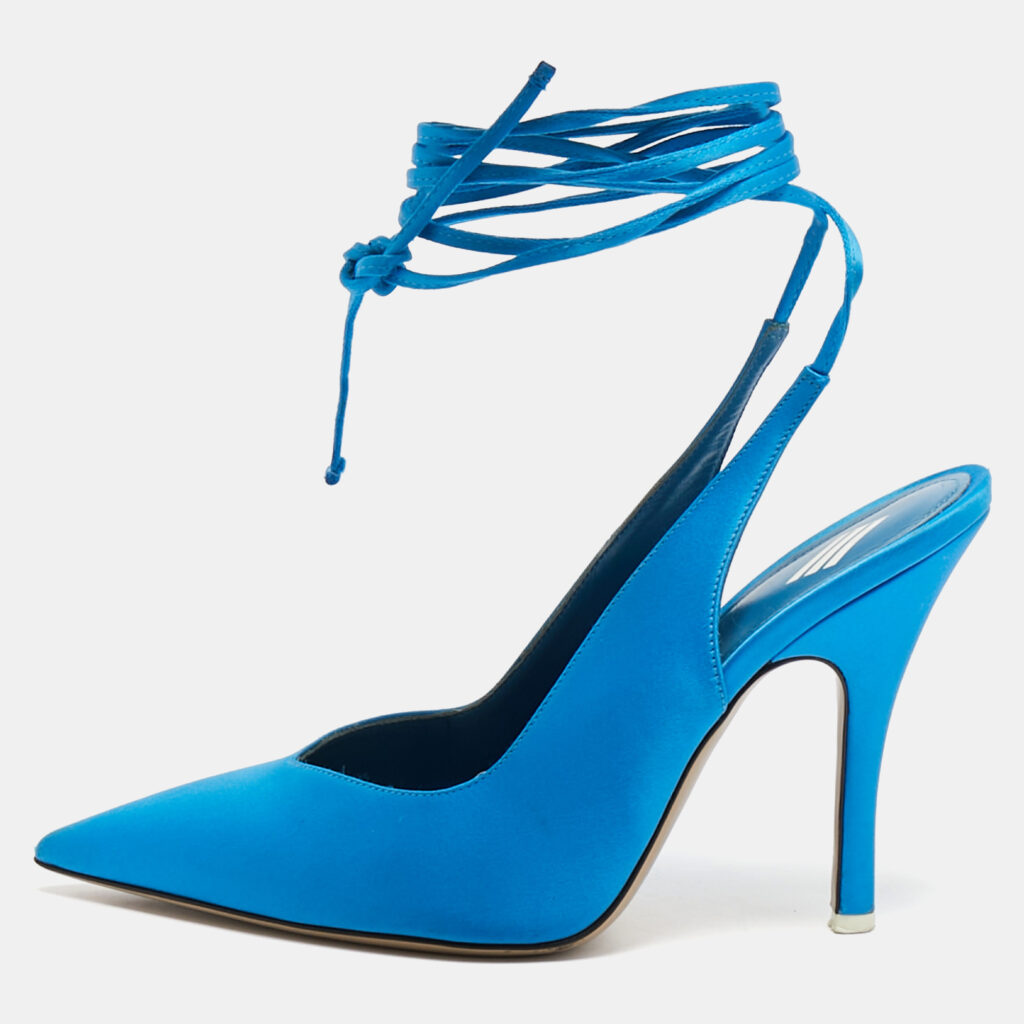 The Attico Blue Satin Pointed Toe Ankle Wrap Pumps Size 37.5 The Attico Blue Satin Pointed Toe Ankle Wrap Pumps Size 37.5