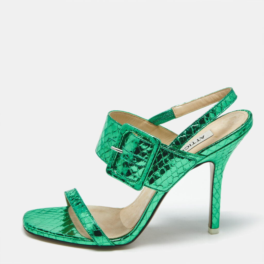 The Attico Green Python Embossed Leather Mariah Ankle Strap Sandals Size 39 The Attico Green Python Embossed Leather Mariah Ankle Strap Sandals Size 39