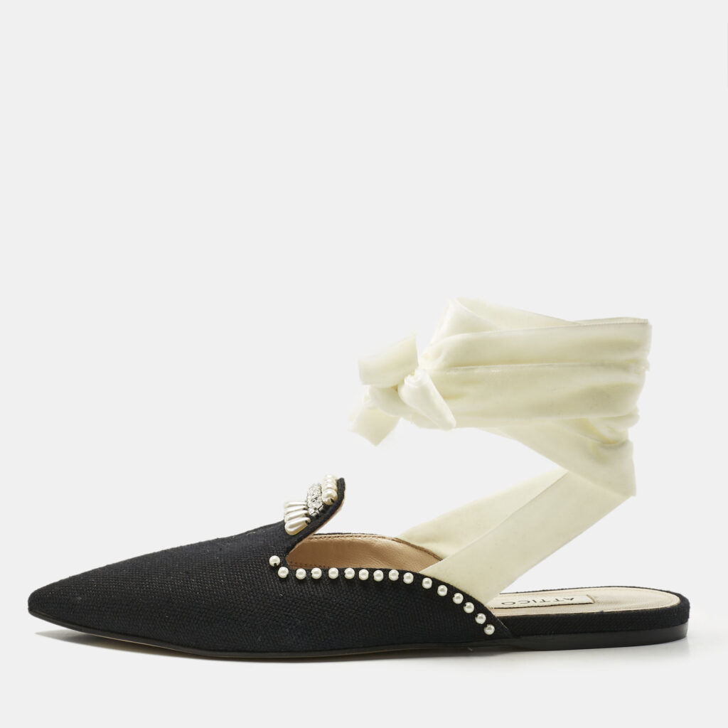 The Attico Black Canvas Crystal Embellished Mules Size 36