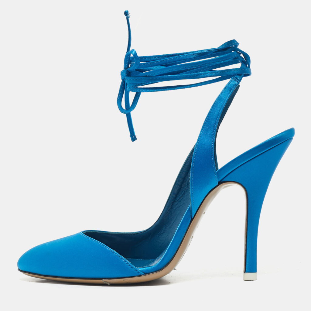 The Attico Blue Satin Venus Ankle Wrap Pointed Toe Pumps Size 39