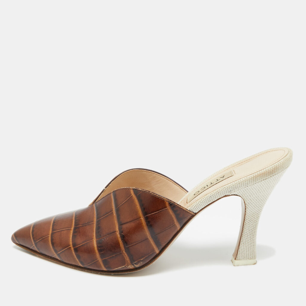 The Attico Brown/Cream Croc Embossed Leather Chloe Mules Size 38 The Attico Brown/Cream Croc Embossed Leather Chloe Mules Size 38