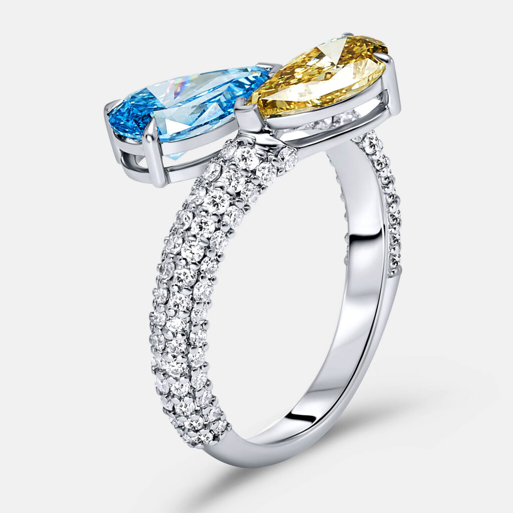 3 cts Fancy Color Pear and Round Lab Grown Diamond 18k White Gold Ring Size 51 3 cts Fancy Color Pear and Round Lab Grown Diamond 18k White Gold Ring Size 51