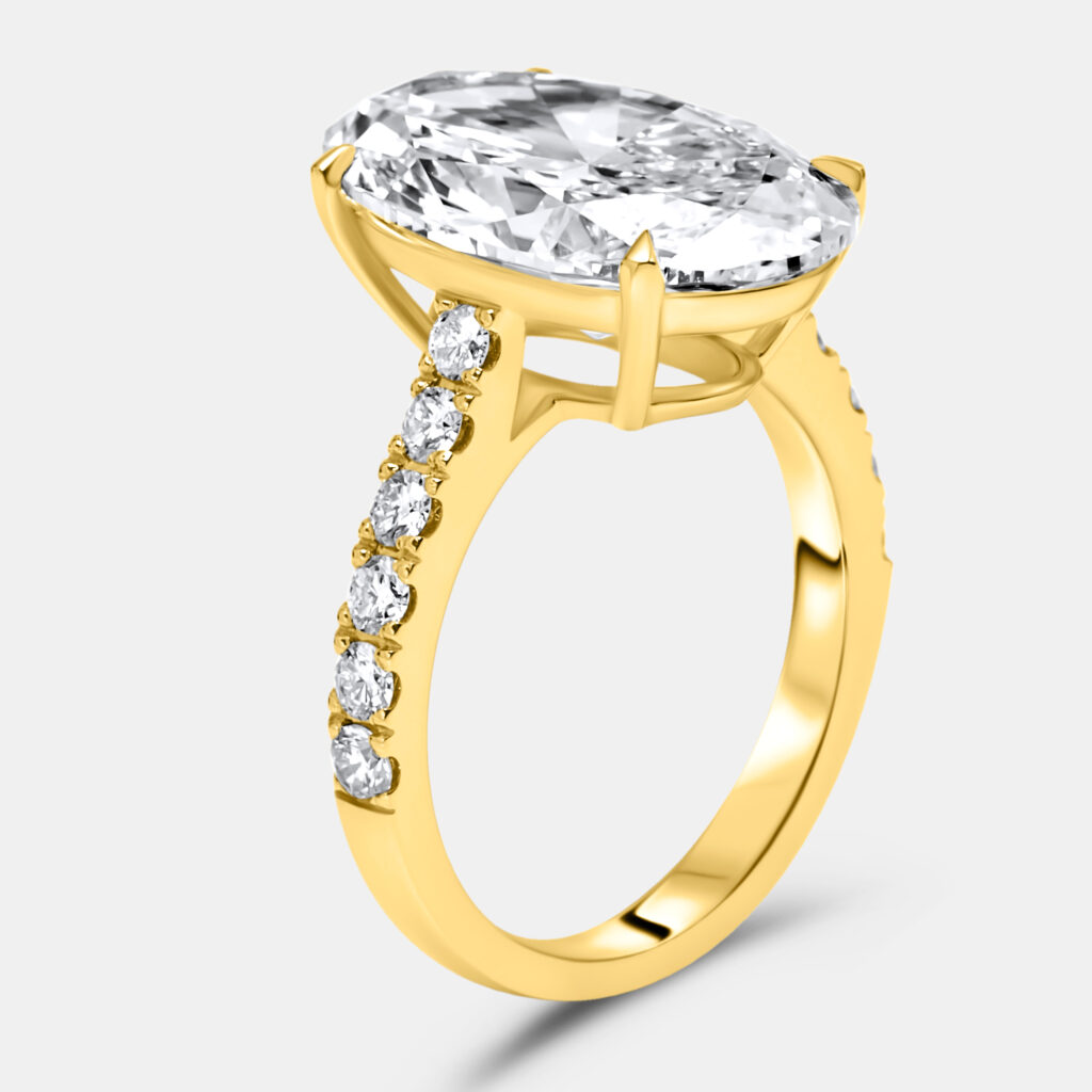 7.49 cts Oval Brilliant and Round Lab Grown Diamond 18k Yellow Gold Ring Size 51
