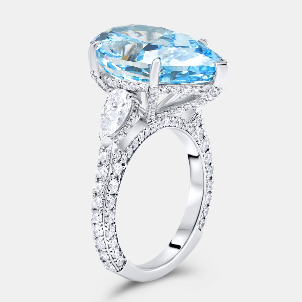 13.3 cts Fancy Blue Pear Brilliant and Round 18k White Gold Lab Grown Diamonds Ring Size 51 13.3 cts Fancy Blue Pear Brilliant and Round 18k White Gold Lab Grown Diamonds Ring Size 51