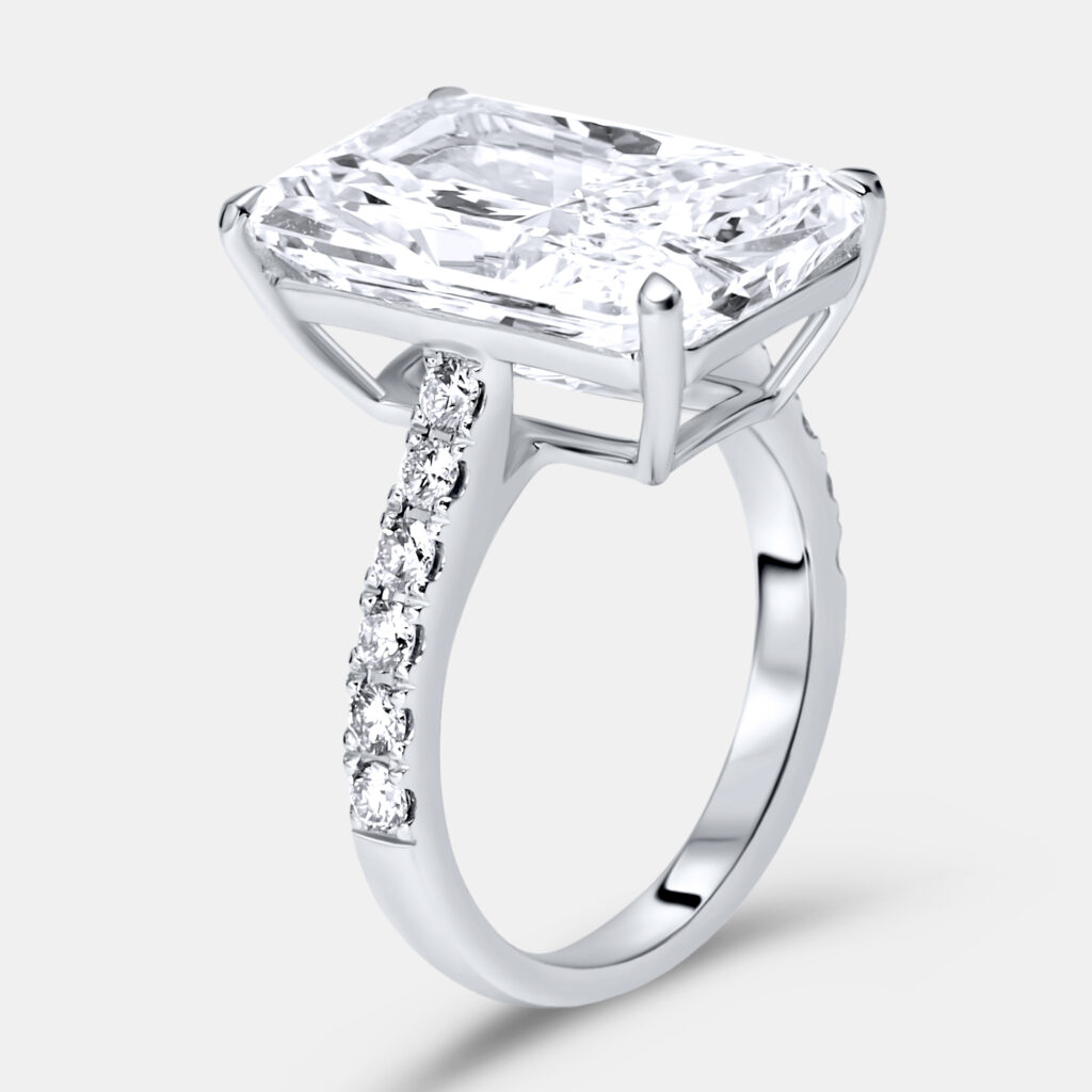 10.50 cts Radiant Cut and Round Lab Grown Diamond 18k White Gold Ring Size 53 10.50 cts Radiant Cut and Round Lab Grown Diamond 18k White Gold Ring Size 53