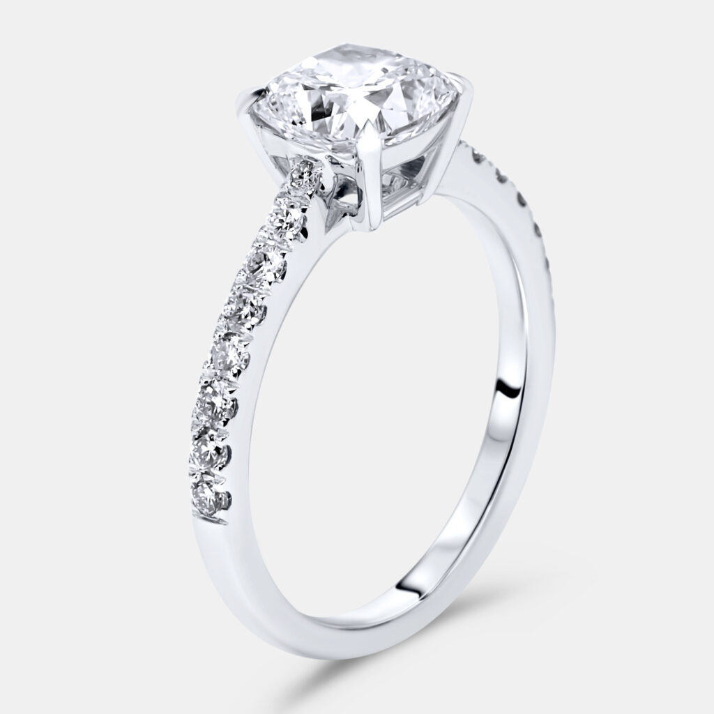 1.8 cts Cushion and Round Lab Grown Diamond 18k White Gold Ring Size 53 1.8 cts Cushion and Round Lab Grown Diamond 18k White Gold Ring Size 53