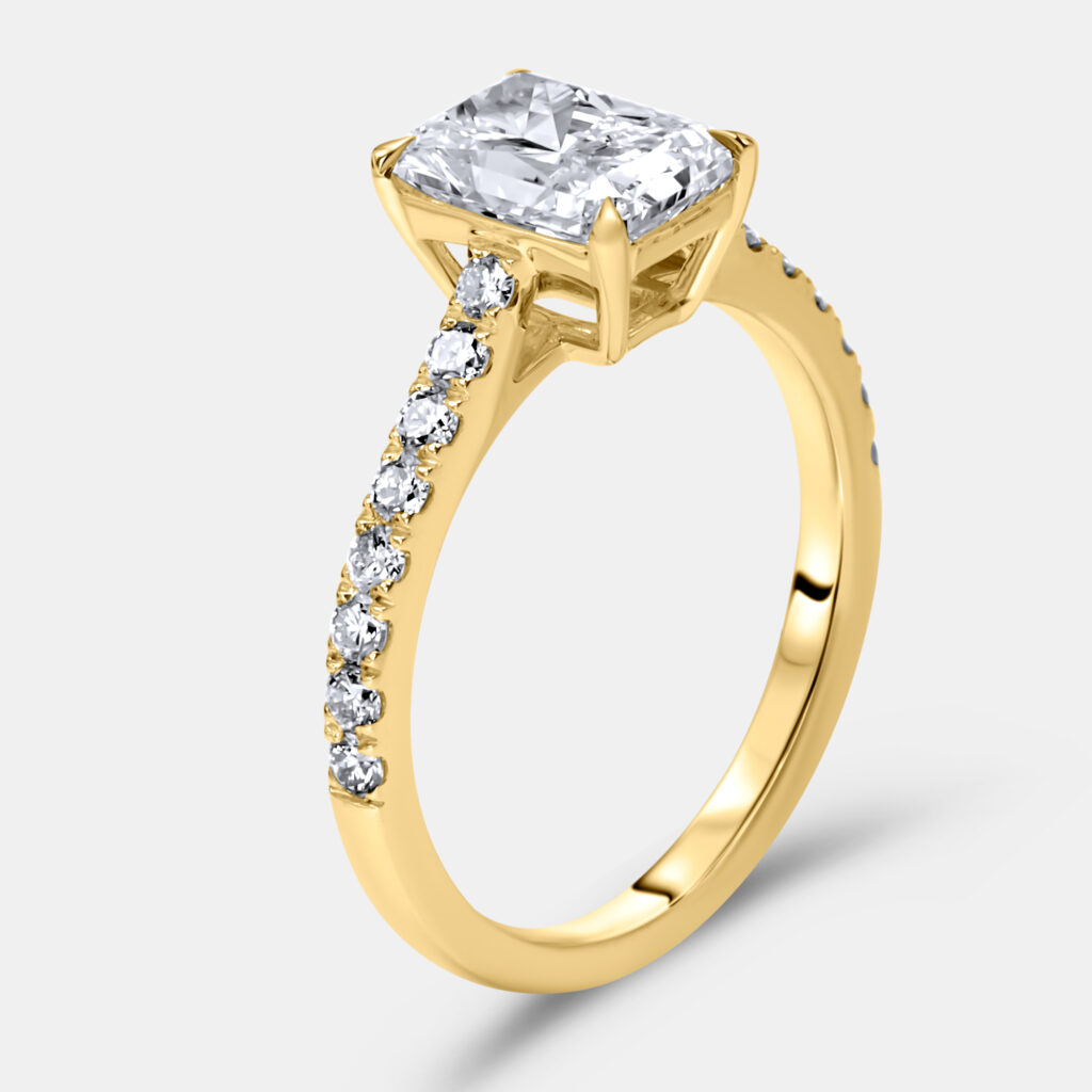 1.98 cts Radiant and Round Lab Grown Diamond 18k Yellow Gold Ring Size 53