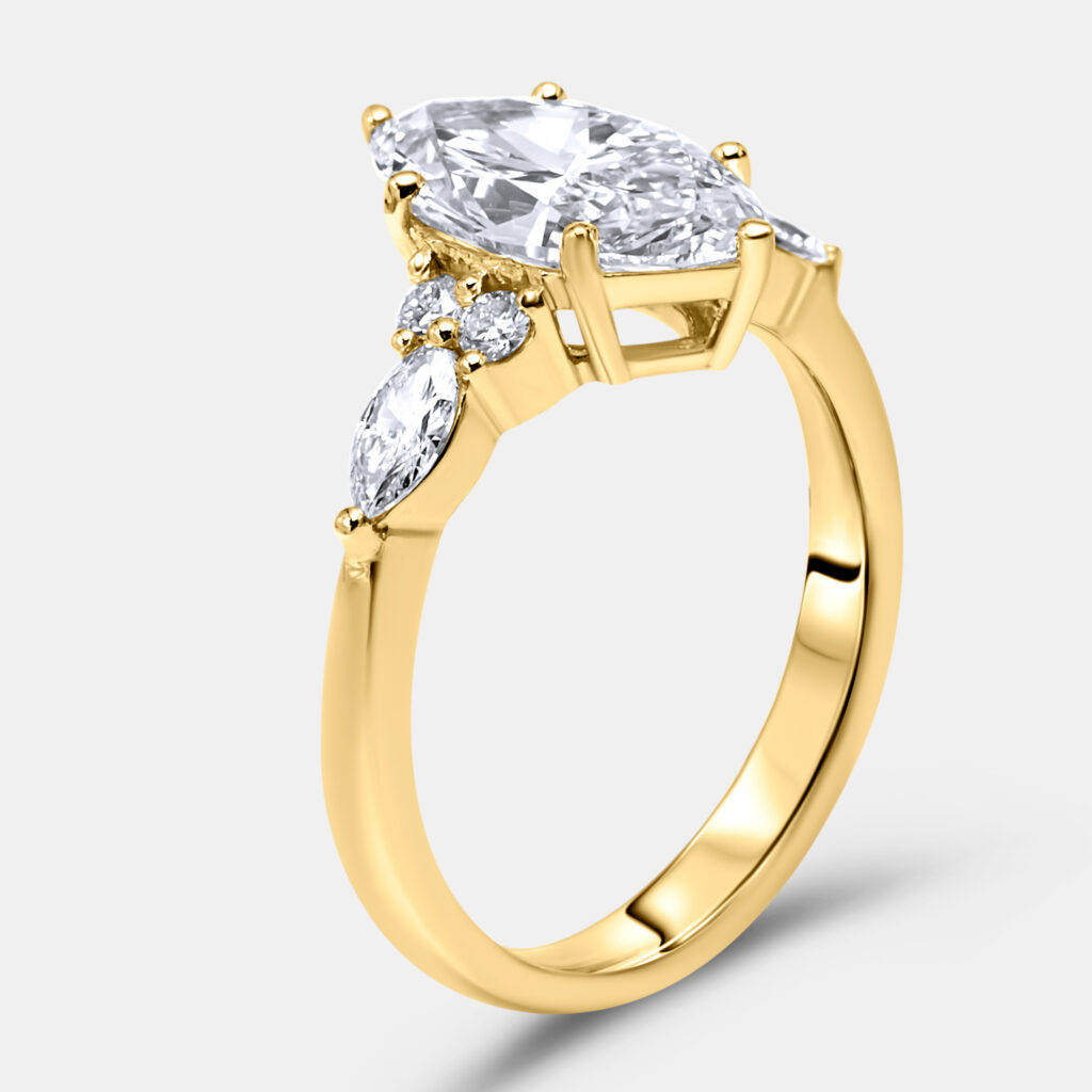 2.3 cts Marquise and Round 18k Yellow Gold Lab Grown Diamonds Ring Size 53