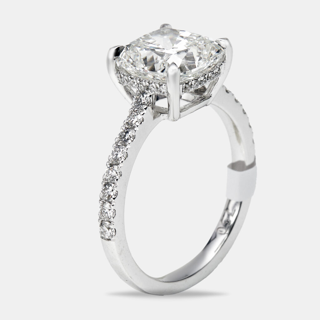 3.4 cts Cushion and Round Lab Grown Diamond 18k White Gold Ring Size 53
