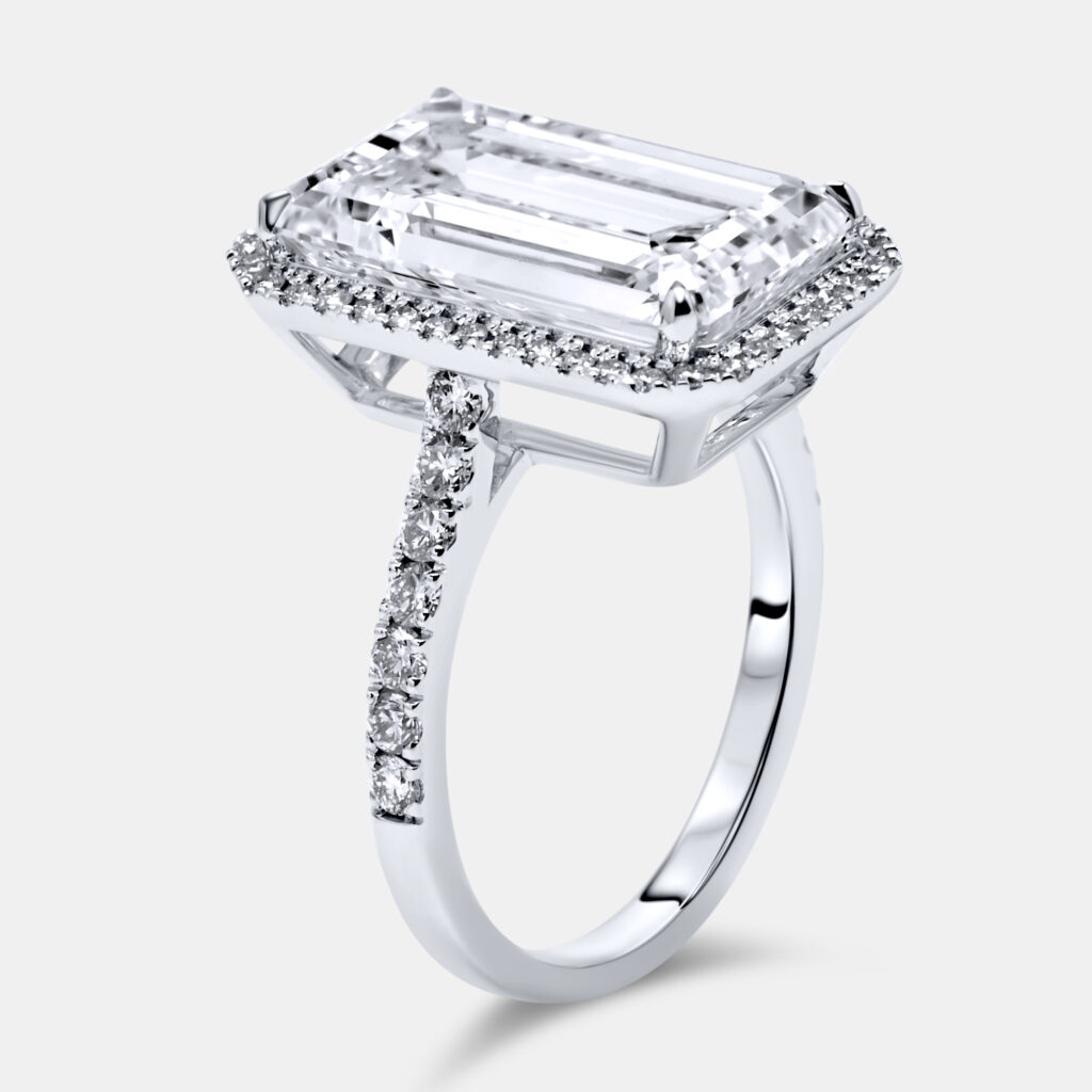 7.59 cts Emerald Cut and Round Lab Grown Diamond 18k White Gold Ring Size 54