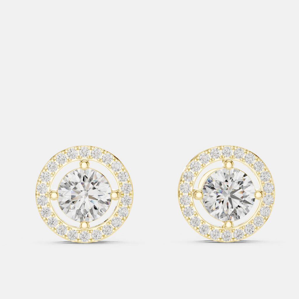 2.60 cts Round 18k Yellow Gold Solitaire Lab Grown Diamond Single Halo Earrings 2.60 cts Round 18k Yellow Gold Solitaire Lab Grown Diamond Single Halo Earrings