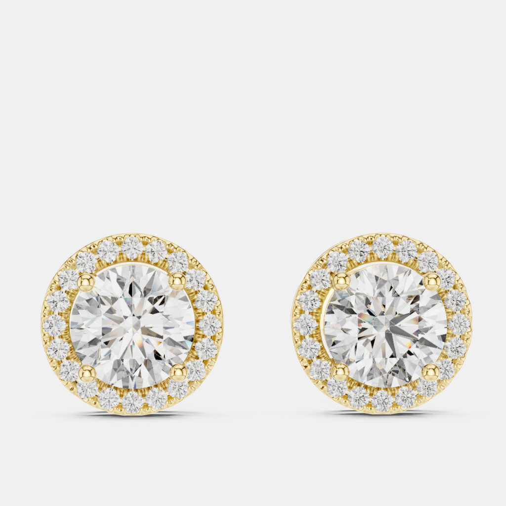 2.4 cts Round 18k Yellow Gold Solitaire Lab Grown Diamond Single Halo Earrings 2.4 cts Round 18k Yellow Gold Solitaire Lab Grown Diamond Single Halo Earrings