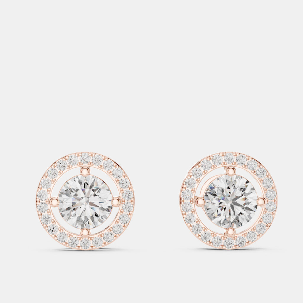 2.60 cts Round 18k Rose Gold Solitaire Lab Grown Diamond Single Halo Earrings 2.60 cts Round 18k Rose Gold Solitaire Lab Grown Diamond Single Halo Earrings