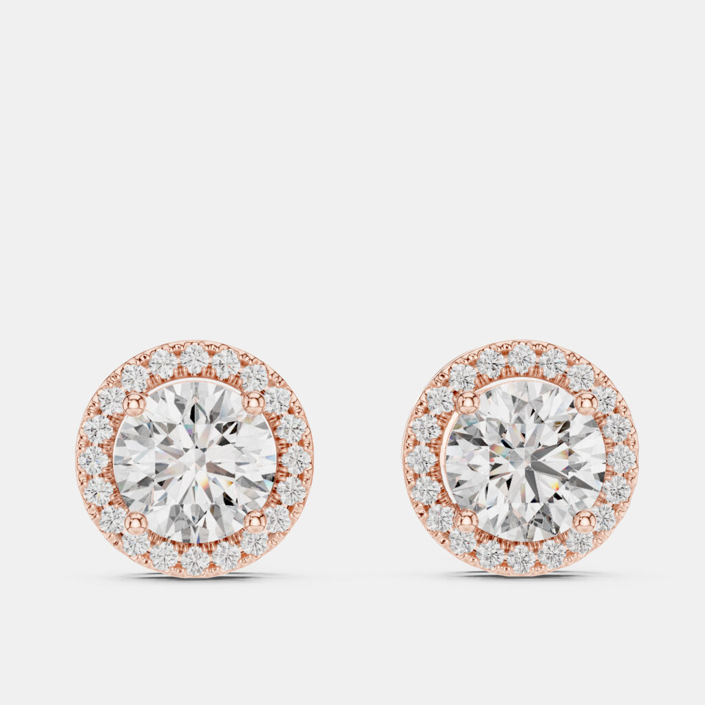 2.4 cts Round 18k Rose Gold Solitaire Lab Grown Diamond Single Halo Earrings 2.4 cts Round 18k Rose Gold Solitaire Lab Grown Diamond Single Halo Earrings