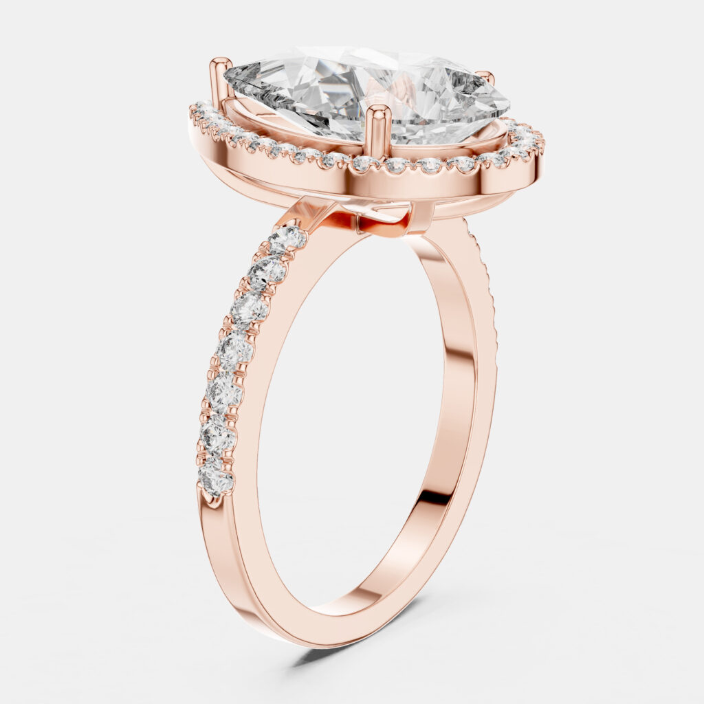 4.5 cts Round & Pear Cut 18k Rose Gold Solitaire Lab Grown Diamond Halo Ring Size 53 4.5 cts Round & Pear Cut 18k Rose Gold Solitaire Lab Grown Diamond Halo Ring Size 53