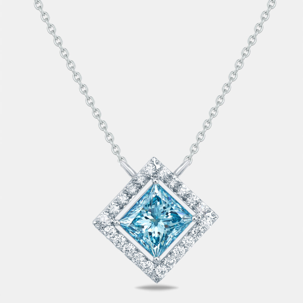 3.5 cts Blue Princess Round Lab Grown Diamond 18k White Gold Necklace 3.5 cts Blue Princess Round Lab Grown Diamond 18k White Gold Necklace
