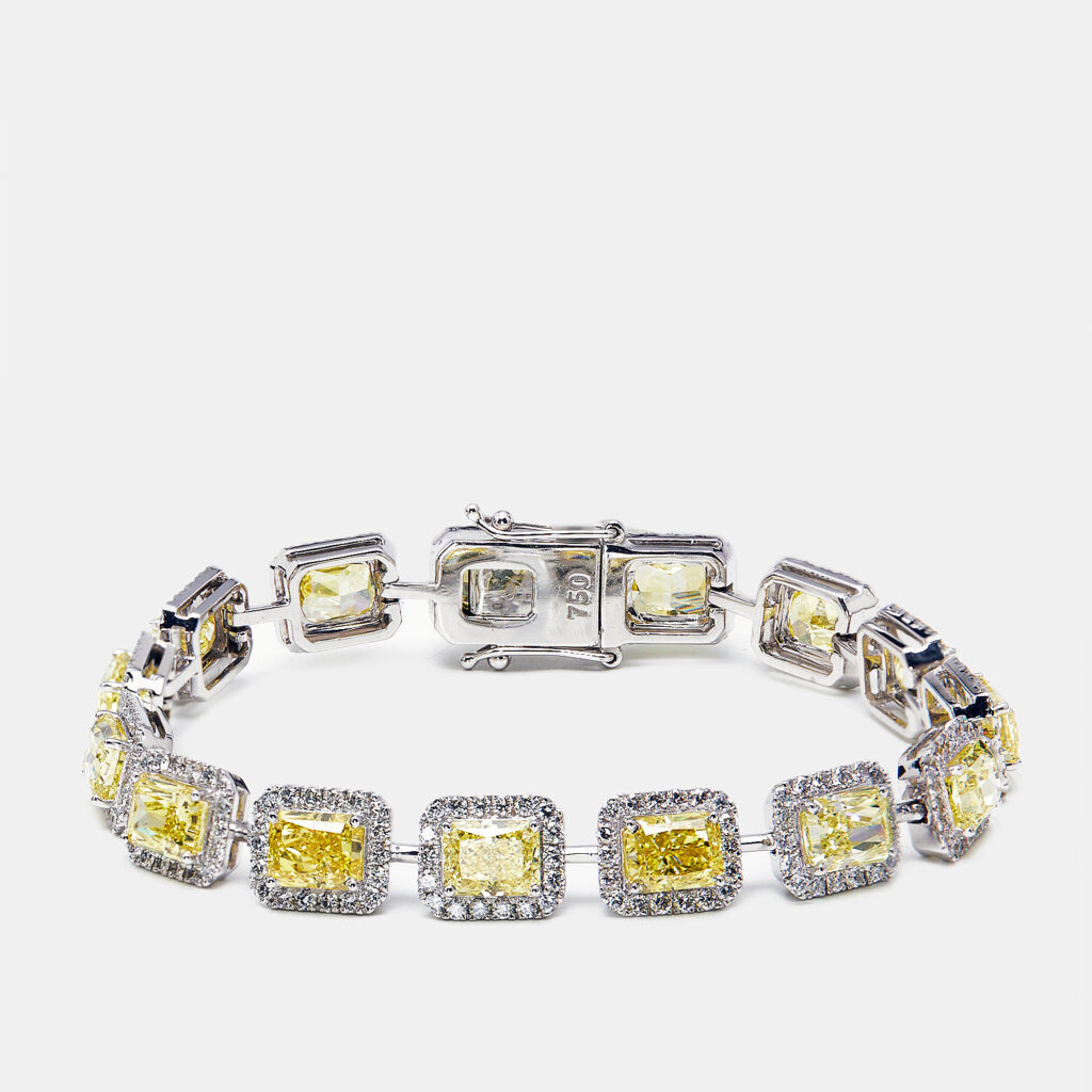 18.4 cts Intense Yellow Radiant Round Lab Grown Diamonds 18k White Gold Bracelet