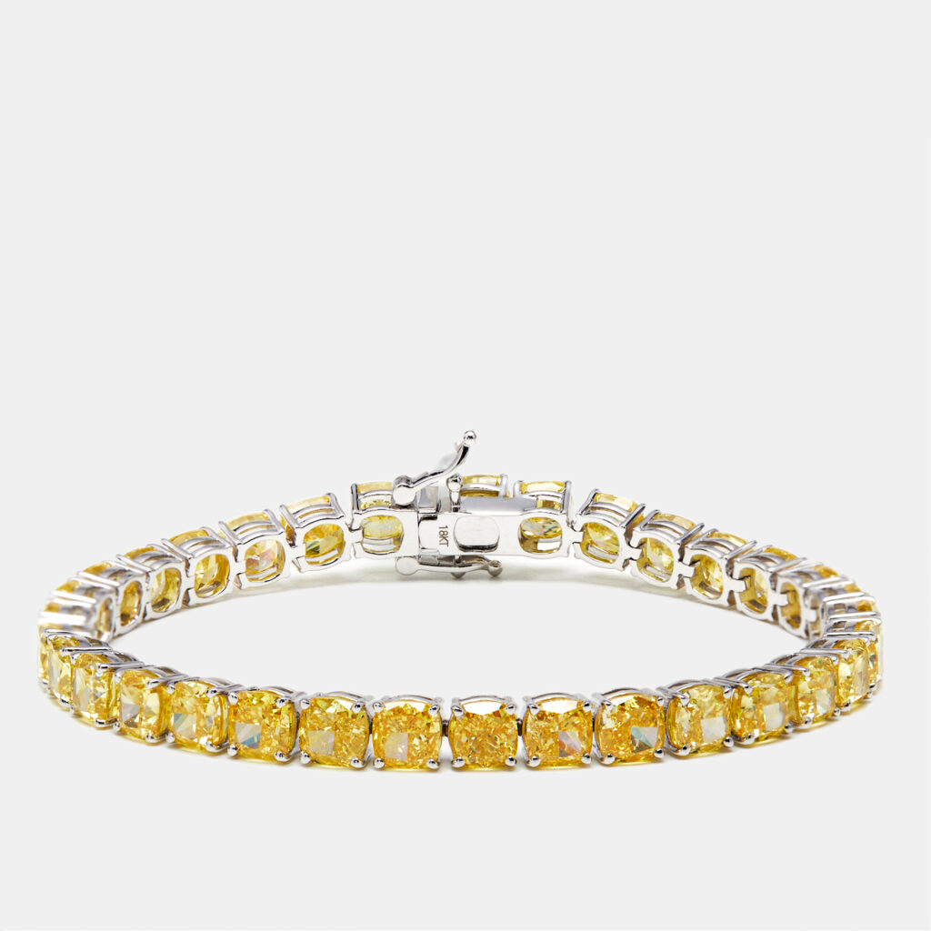 27 cts Intense Yellow Cushion Lab Grown Diamonds 18k White Gold Bracelet