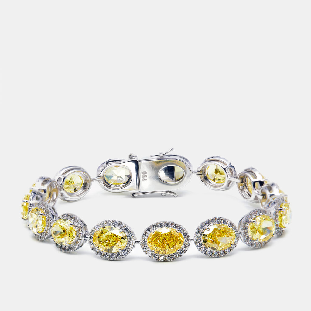 21.00 cts Intense Yellow Oval Round Lab Grown Diamonds 18k White Gold Bracelet