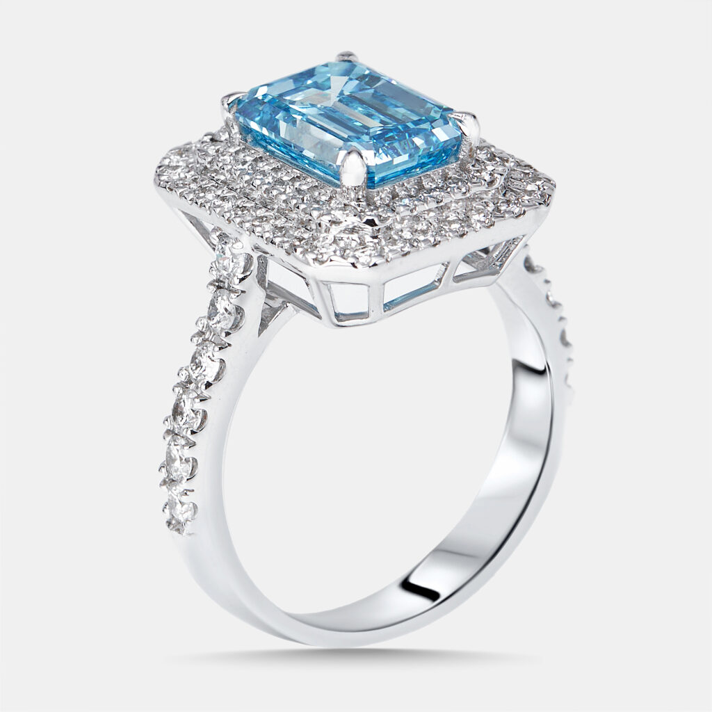 3.9 cts Vivid Blue Emerald, Round Lab Grown Diamonds 18k White Gold Ring Size 51 3.9 cts Vivid Blue Emerald, Round Lab Grown Diamonds 18k White Gold Ring Size 51